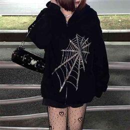 Gothique Noir Punk À Capuche Femmes Fée Grunge Dark Academia Veste Manteau Harajuku Zipper Sweats Emo Alt Vêtements 210803