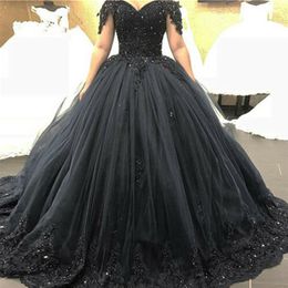 Robes gothiques noires Quinceanera, épaules dénudées, dentelle perlée, robe de princesse en Tulle, grande taille, robes de bal, 283q