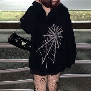 Gothic Black Rhinestone Punk Hooded Women Fairy Grunge Dark Academia Jas Jas Harajuku Rits Sweatshirts Emo Alt Clothing 210927