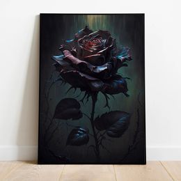 Arte gótico de la rosa negra, impresión de carteles de arte, decoración del hogar, cartel floral vintage