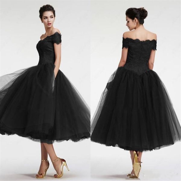 Gothique noir court robes de bal 2020 nouvelle robe de bal thé longueur hors de l'épaule dentelle Tulle robe de soirée formelle robes de soirée177D