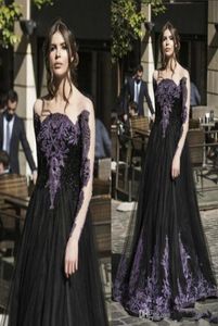 Gothic Black Spring Prom Dresses lange mouwen paarse kristallen kralen een lijn tule lange formele avondfeestjurk voor dames3202830