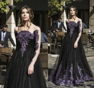 Gothic Black Spring Prom Dresses lange mouwen paarse kristallen kralen een lijn tule lange formele avondfeestjurk voor dames3879685