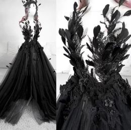 Robe De mariée gothique en Tulle noir avec Appliques, ligne A, dos nu, Robe De mariée pour femmes, grande taille