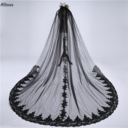 Voiles noirs gothiques en dentelle appliquée une couche de tulle, voile de mariage vintage pour femmes, accessoires pour cheveux, occasions de bal, voile musulman, 3 m de longueur, CL2995