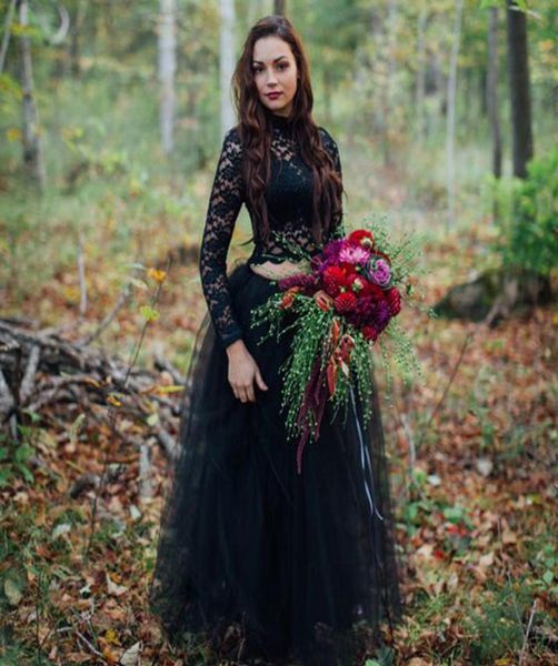 Vestido de novia de negro gótico País Dos piezas Ilusión Top Top de cuello alto Vestidos de novia Halloween Vestidos de novia2905211