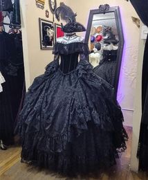 Robe de mariée gothique noire en dentelle, robe de bal victorienne, épaules dénudées, manches longues, corset vintage pour femmes, sur mesure