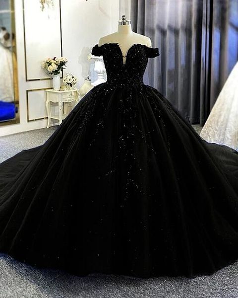 Robe de mariée gothique noire sur l'épaule longue robe de bal en tulle paillettes paillettes perlées appliques de dentelle vintage plus taille robes de mariée 2024