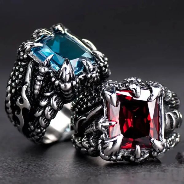 Anillo gótico de oro blanco de 14 quilates con garra de dragón malvado de cristal azul y rojo para hombres Gram Biker Punk Rock Hip Hop Accesorios de joyería geniales