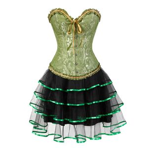 Gothic Burlesque Corset en Rok Set Plus Size Halloween Kostuums Victorian Corset Jurken Party Floral Mode Sexy Groen 6XL