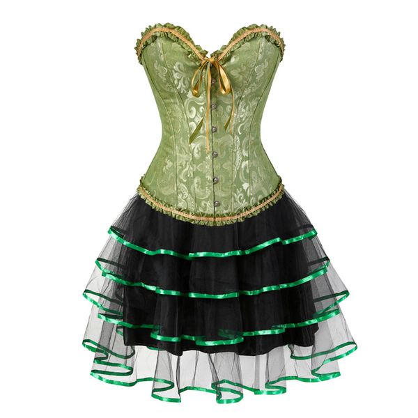 Conjunto de falda y corsé burlesco gótico de talla grande disfraces de halloween vestidos de corsé victoriano fiesta floral moda sexy verde 6xl