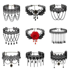 Gothic Chokers Black Beaded Flowers Sexy Kant Hals Choker Ketting Vintage Kwast Ketting Dames Punk Halloween Sieraden