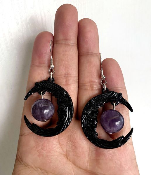 Pendientes colgantes góticos de amatista de media luna negra, joyería oscura creativa Simple de moda para Halloween