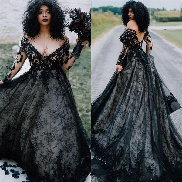 Conception gothique robes de mariée en dentelle noire à manches longues sur l'épaule col en V profond une ligne balayage sentier robes de mariée Custom202l