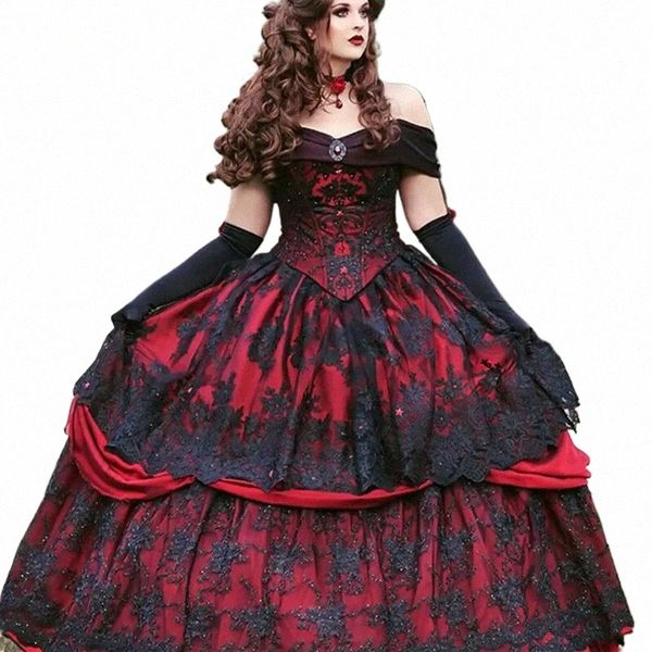 Design gothique rouge et noir mariage Dres Castle Princ épaule Vintage dentelle robes de bal de mariée robe de noiva m4kY #