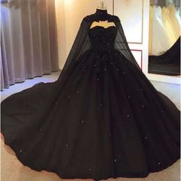 Gotische jurken Zwart bruiloft Vintage met cowbacks lieverd kralen kanten appliques lange tule prinses bruidsjurken plus size corset dames jurk baljurk
