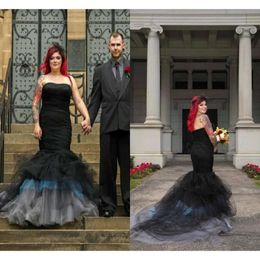 Robes gothiques sirène 2021 noir bleu blanc tulle satin sweep trains corset arrière fait la robe de mariage de taille plus taille