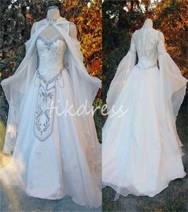 Middeleeuwse fantasie Elvish trouwjurk met Cape Victoriaanse Fairy Grieks bruid jurk Appliques Lace Embodiery Renaissance Robe Mariage Bruidflare lange mouw