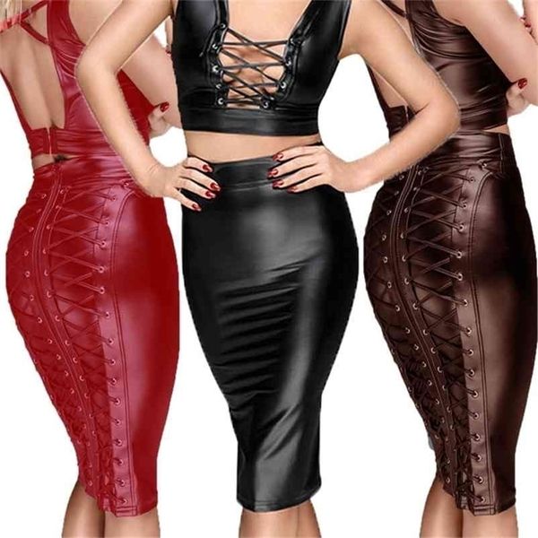 Faldas góticas de cuero de imitación Sexy Punk Black Back Zipper Lace Up Wrap Pencil Skirt Wet Look Bodycon Midi Womens 210621