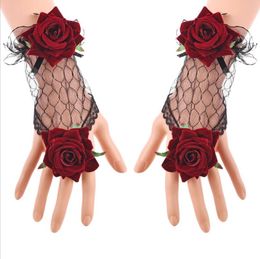 Gothic Fishnet Gloves Rhinestone Lace tule feestkostuum accessoires bruiloft lolita Victoriaanse bloemen bruiden bruidsmeisjes boog wanten