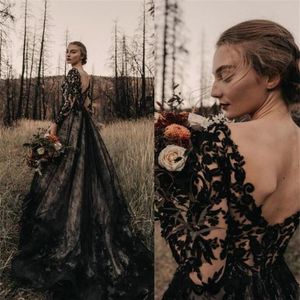 Gothic Full Black Lace Trouwjurken Bruidsjurken A-lijn Illusion Lange mouwen Backless Train Vintage Country Grote maten Herfst B309h