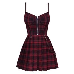 Gothic Girls Red Plaid Geplooid Emo Alt Dress Y2K Zip Up Robe Femme Punk Black Spaghetti Band Mini Korte Jurken Goth Streetwear 220311