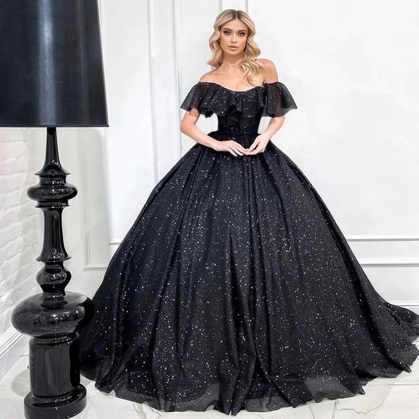 Gothique Glitter Noir Robe De Bal Robes De Mariée Mousseux Paillettes Longue Mariée Porter Hors Épaule Manches Courtes Bouffantes Corset Robe De Mariée