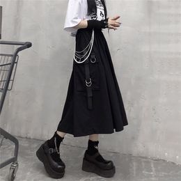 Gothique taille haute Cargo jupes femme Harajuku ample Aline poche Midi longue jupe noire Hip Hop mode Streetwear surdimensionné 220701