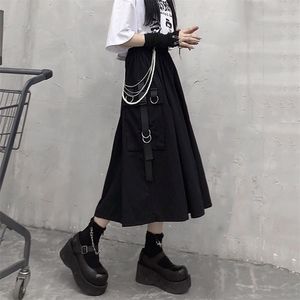 Gothic High Waist Cargo Skirts Woman Harajuku Loose A-line Pocket Midi Long Black Skirt Hip Hop Fashion Streetwear OverSize 210729