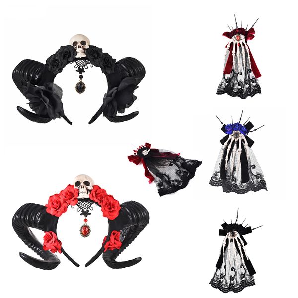 Gothique Corne Bandeau Lolita Diable Floral Cornes Coiffes Halloween Crâne Voile Coiffe Cosplay Fleurs