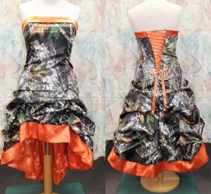 Gothic knielengte oranje camo -trouwjurken 2015 Nieuwe ontwerper strapless aline op maat gemaakte plus maat hoge lage trouwjurk BRI3516375