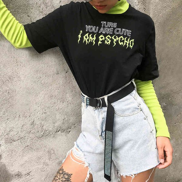 Gothique Lettre Imprimer Noir Vert Patchwork Sweats Femmes Automne Coton Col Roulé À Manches Longues Harajuku Top Hiver Tissu 210415