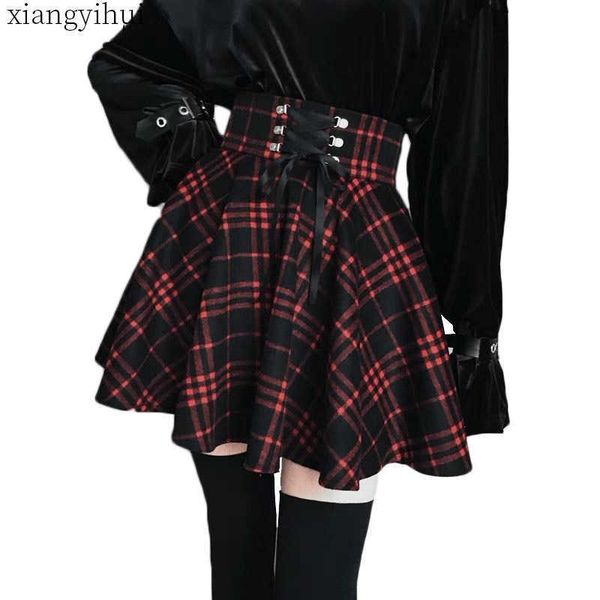 Gothic Lolita Mujeres Damas Invierno Negro Rojo A Cuadros Vestido de Bola Plisado Nuevas Llegadas Cintura Alta Con Cordones Falda de Lana Inferior Q190517