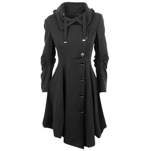Gothic Long Trench Coat Black Slanke Asymmetrische revers Collar Button Elegante Herfst Winter Vintage Goth Overcoat Outwears 211228