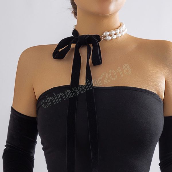 Gargantilla gótica larga y ancha de terciopelo negro para mujer, collar con cinta, boda, Vintage, perla de imitación, ajustable, joyería para el cuello con lazo