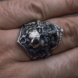 Gothic Mens Pirate Skull Ring Unieke Pirate Octopus Anker Adsorptie Kompas Ring Mannelijke 14K Wit Goud Punk Skull Biker Ring
