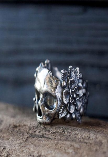 Gothic Mexican Flower Sugar Skull Rings Femme Couleur argentée 316L