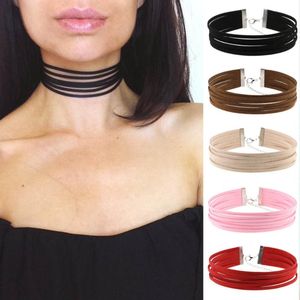 Gotische meerlagige zwarte roze roze bruin casual flanel lederen kraag colier chokers dames ketting femme cadeau sieraden