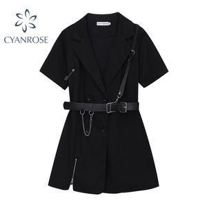 Gothique Punk Noir Blazer Robe À Manches Courtes Été Taille Haute Avec Ceinture Streetwear Mode Harajuku Goth Fille 210515