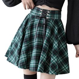 Gothic punk harajuku vrouwen rok plaid print lace up hiphop winter casual groen grijs rood goth geplooid wollen skater streetwear 220317