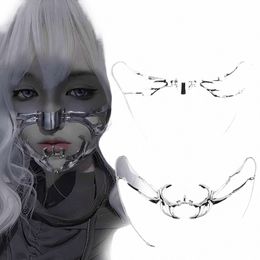 Gothic Punk Mechanische Alien Fluid Face Accories Vrouwen Mannen Prop Masker Gezicht Chain Half Hollow Cyber Masker voor Anime Cosplay v1mu #