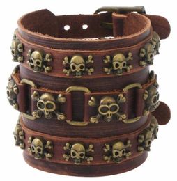 Gothic punk vintage Hiphop Skull Rivet Bread Bracelet Brown Pirate Squelette charme large en cuir Bangle Brace