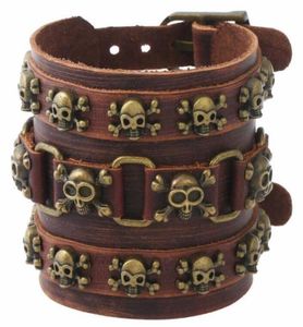 Gothic punk vintage Hiphop Skull Rivet Perle Bracelet Brown Pirate Squelette charme large en cuir Bangle Brace