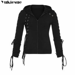 Gothic Punk Vrouwen Hoodies Lace Up Hooded Lange Mouwen Casual Harajuku Duisternis Herfst Winter Goth Black Sweatshirt Plus Size 210608