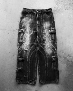 Jeans gothiques punk y2k pour hommes rétro noire rock jeans baggy rippé pantalon cargo de poche à taille basse streetwear 240428