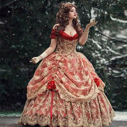 Vestido de baile de baile de bolas de oro rojo gótico 2021off hombro de hombro medieval victoriano quinceanera vestido de corsé con vestidos de noche