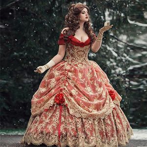 Vestido de baile de baile de bolas de oro rojo gótico 2021off hombro de hombro medieval victoriano quinceanera vestido de corsé con vestidos de noche