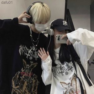 Gothique Rétro Hommes À Manches Longues T-shirt Automne Graffiti Ange Imprimer Ulzzang Harajuku Mode Streetwear Baggy Coréen À La Mode BF Tops L230520