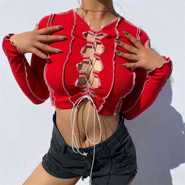 Gothique Sexy Hollow Out Cross Bandage Ribbed Knit Y2K Crop Top Femme T-shirts pour femmes Automne Manches longues Tee-shirt esthétique 210510