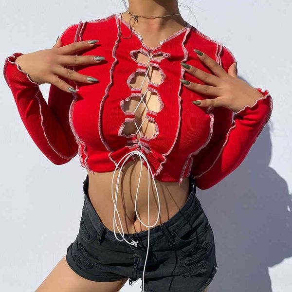 Gothique Sexy Hollow Out Cross Bandage Ribbed Knit Y2K Crop Top Femme T-shirts pour femmes Automne Manches longues Tee-shirt esthétique 210415